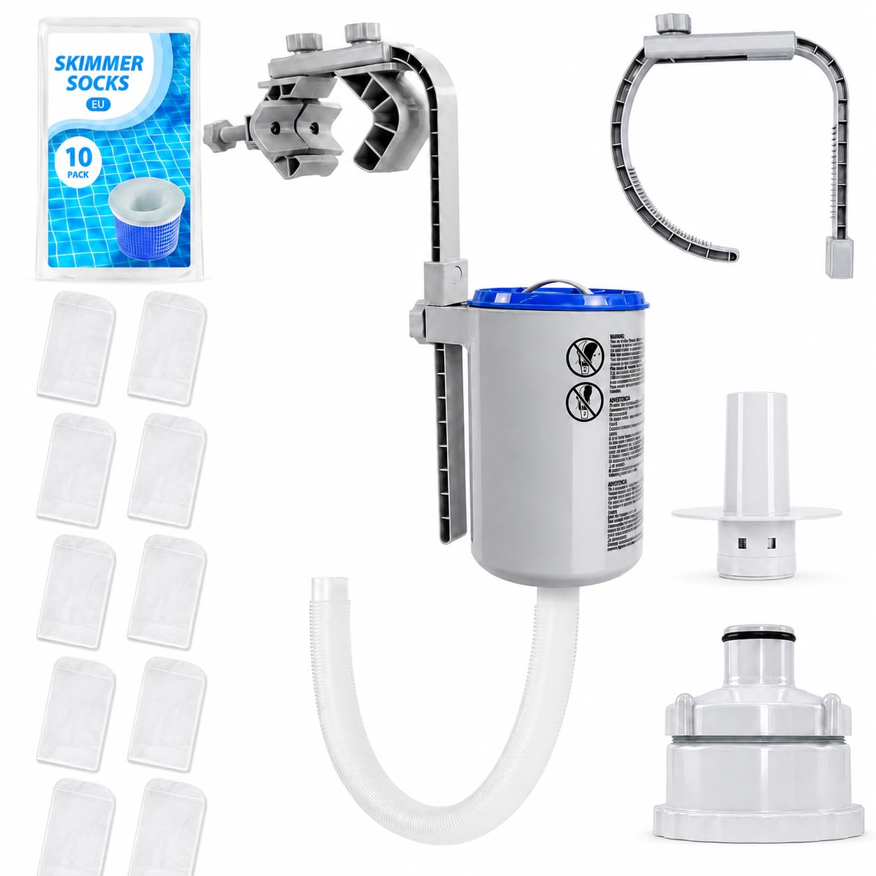 KGC Skimmer para Piscina Elevada, 10 Calcetines, Compatible con Intex | 2 Soportes para Piscinas con Aro Hinchable y Tubulares; Cesta, 10 Calcetines para Hojas, Insectos, Polen, Pelo, Suciedad Fina