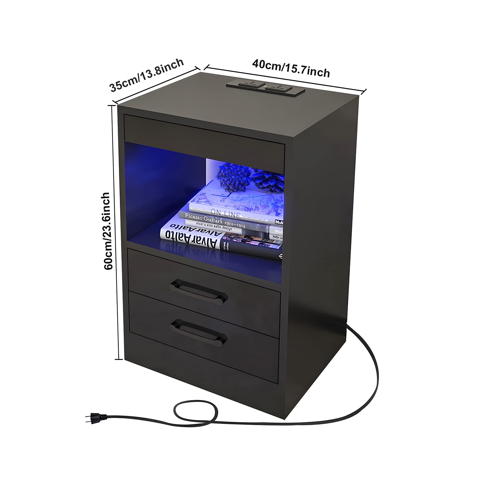 Led-nachtkastje met oplaadfunctie, nachtkastje met 2 laden, USB-stopcontact, 16 kleuren, RGB, nachtkastje, bijzettafel (1, zwart 1