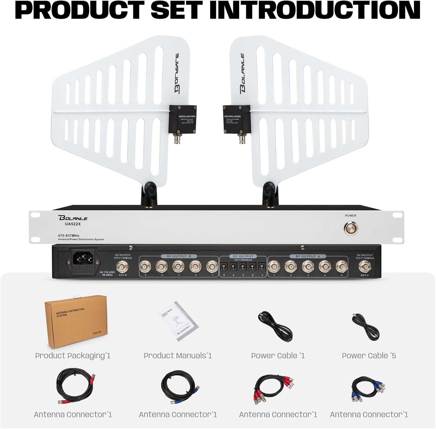 UHF Wireless Antenna Distribution System Bundle, 10 Channel Active Directional Antenna, Covers 470-937MHz Frequency Range, Long Range 3280 FT, Wireless Microphone Antenna for Stages, Live Shows