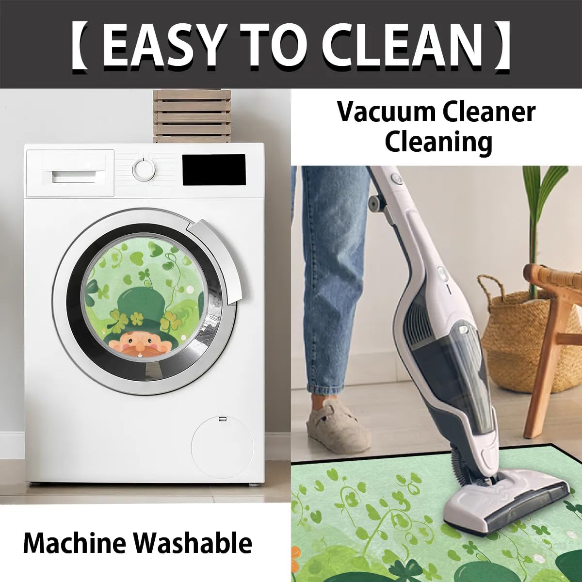 Half Round Door Mat Four Leaf Clovers Dwarf St. Patrick's Day Non-Slip Semi Circle Area Rug Washable Semi Circle Floor Rug for Indoor Outdoor Living Room Bathroom Kitchen Patio Hearth Rugs Decoration