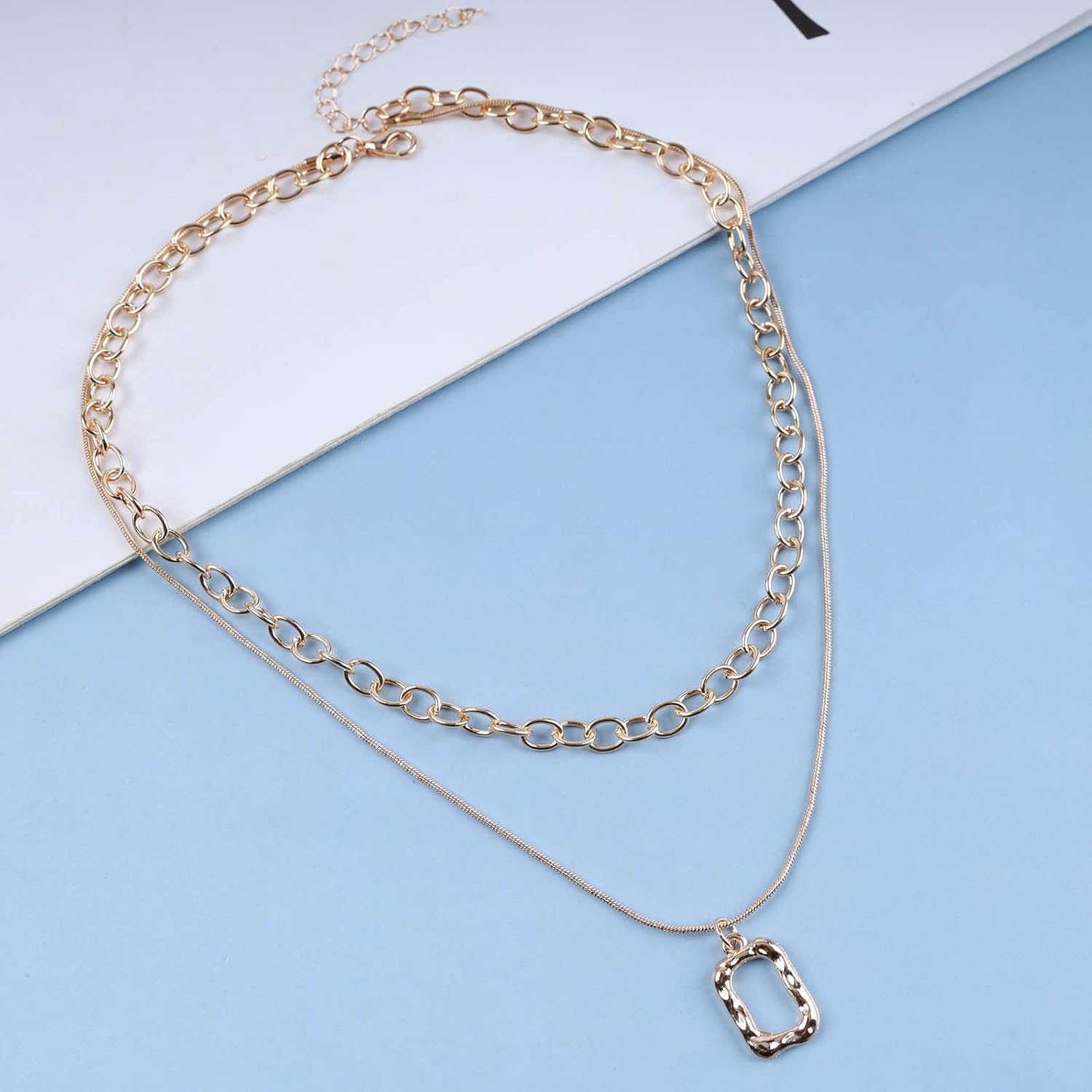 Bohemian Layered Choker Necklace Textured Square Pendant Necklace Gold Raised Square Necklace Paperclip Chain Necklace Geometric Carved Rectangle Necklace Jewelry for Women and Girls Gifts - Image 3