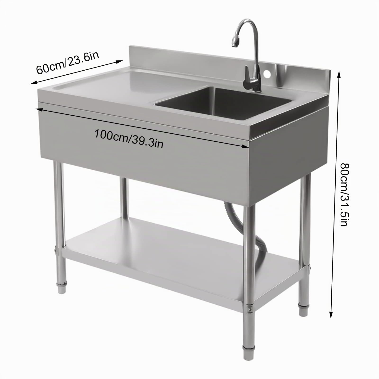 Fregadero profesional de acero inoxidable 100 x 60 x 80 cm con estante, fregadero independiente con cesta filtrante, capacidad de carga de 300 kg y grifo de 360°, para cocina, lavandería, garaje