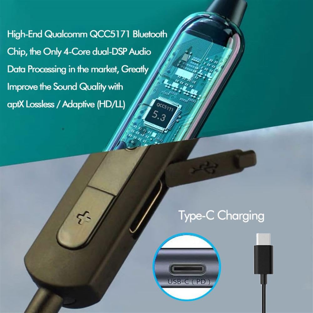 Pizen Wireless Audio Cable Adapter,BT5.4, Support LC/LDAC/aptX Adaptive/aptX-HD/AAC,25H Music Playtime,Silver Plated Cable,Type-C,Waterproof,with HD Mic for Audiophile/Musician (MMCX Straight)