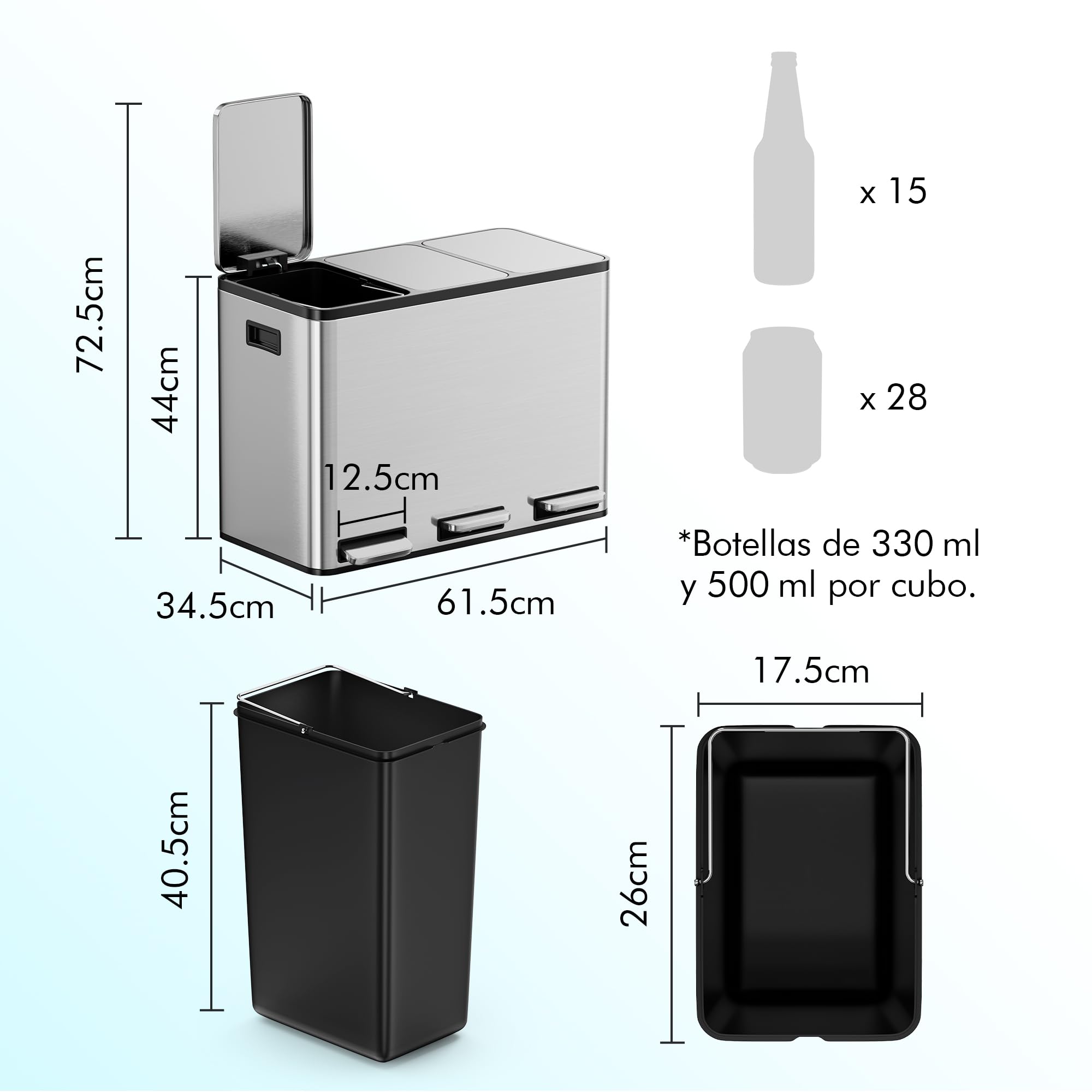 VonHaus Cubo de Basura Cocina Reciclaje, Contenedor Grande, Sistema de Separación de Residuos con Base Antideslizante y Compartimentos Extraíbles (Acero Inoxidable, 45 L (3 x 15 L)) | 3 x 15 L reciclaje sistema de separación de basura, base antideslizante