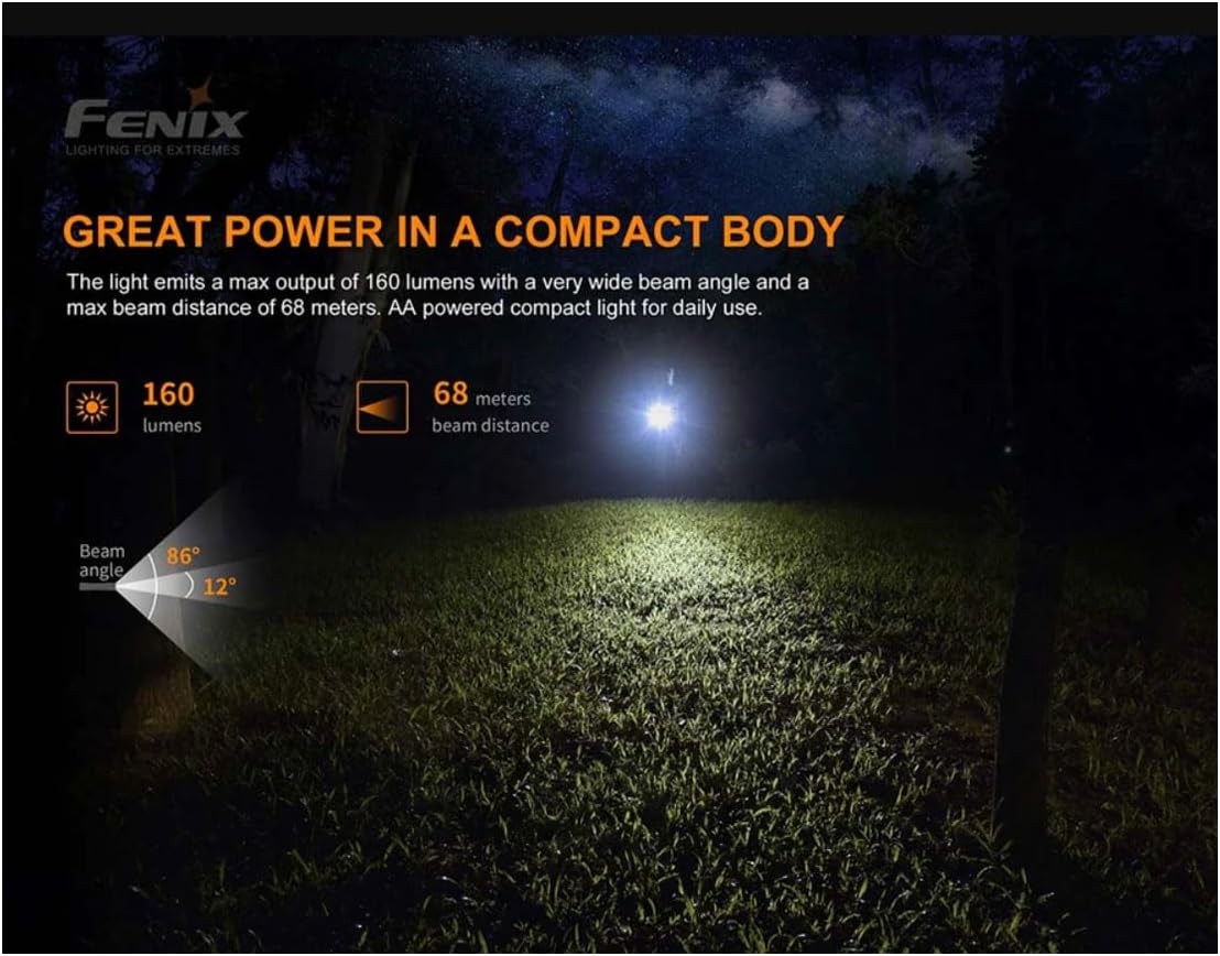 FENIX Flashlight E12-V2.0 160 Lumens. 3 Brightness Levels. Size: 77.6 x 19 x 17.6 mm. Weight: 27.3 g (Without Battery), Adults Unisex, Multicolor (Multicolor), One Size