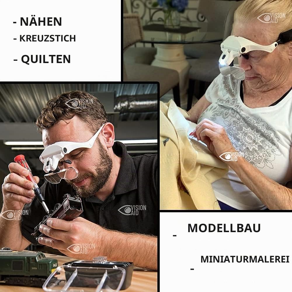 Vision Aid Lupen mit LED-Licht 5 Linsen Stirnband Schutzaufbewahrungsbox Brillenlupe Freihändige beleuchtete Kopflupe für Hobbyhandwerk Makuladegeneration Malerei Brillenträger Naharbeit
