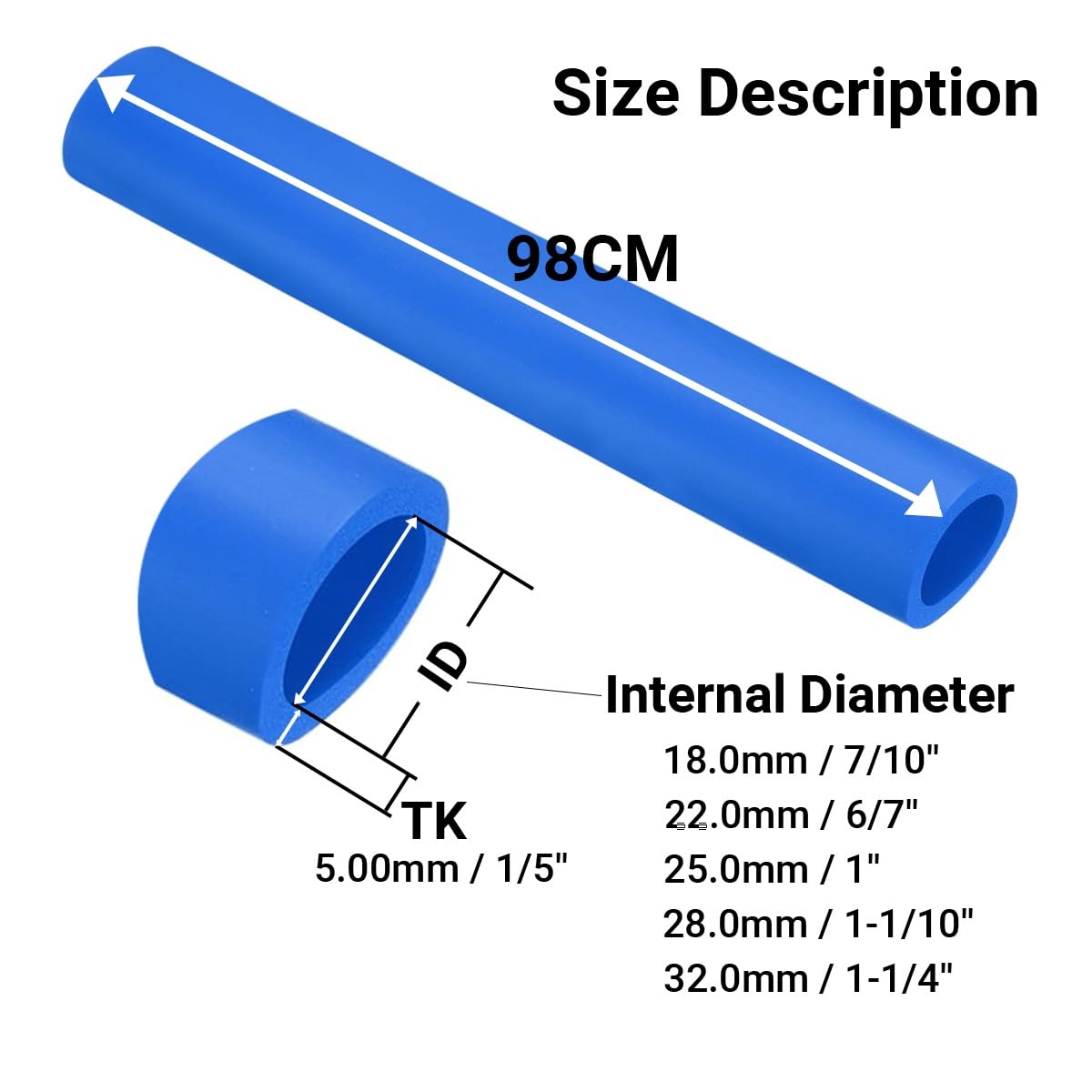 98cm Tubo Isolante Schiuma per Impugnature, ID 18/22/25/28/32.0mm Tubi di Spugna per Supporti Chitarra, Flessibile Antiscivolo Guaina di Isolamento per Palestra Attrezzatura(Blu,32.0mm x 5.0mm x 98cm)