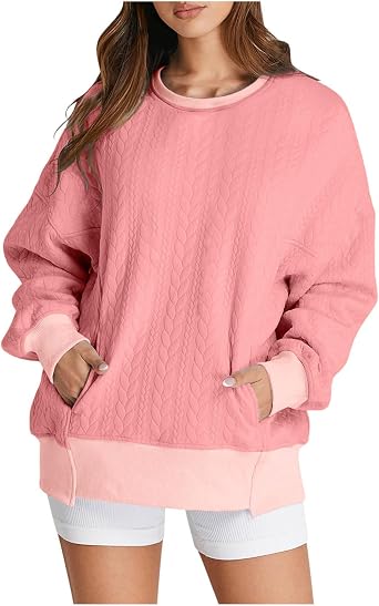 Woemns Texture Crew Neck Sweatshirt Trendy 2024 Cute Pullover Tops Oversized Hoodie Sweater Casual Fall Clothes