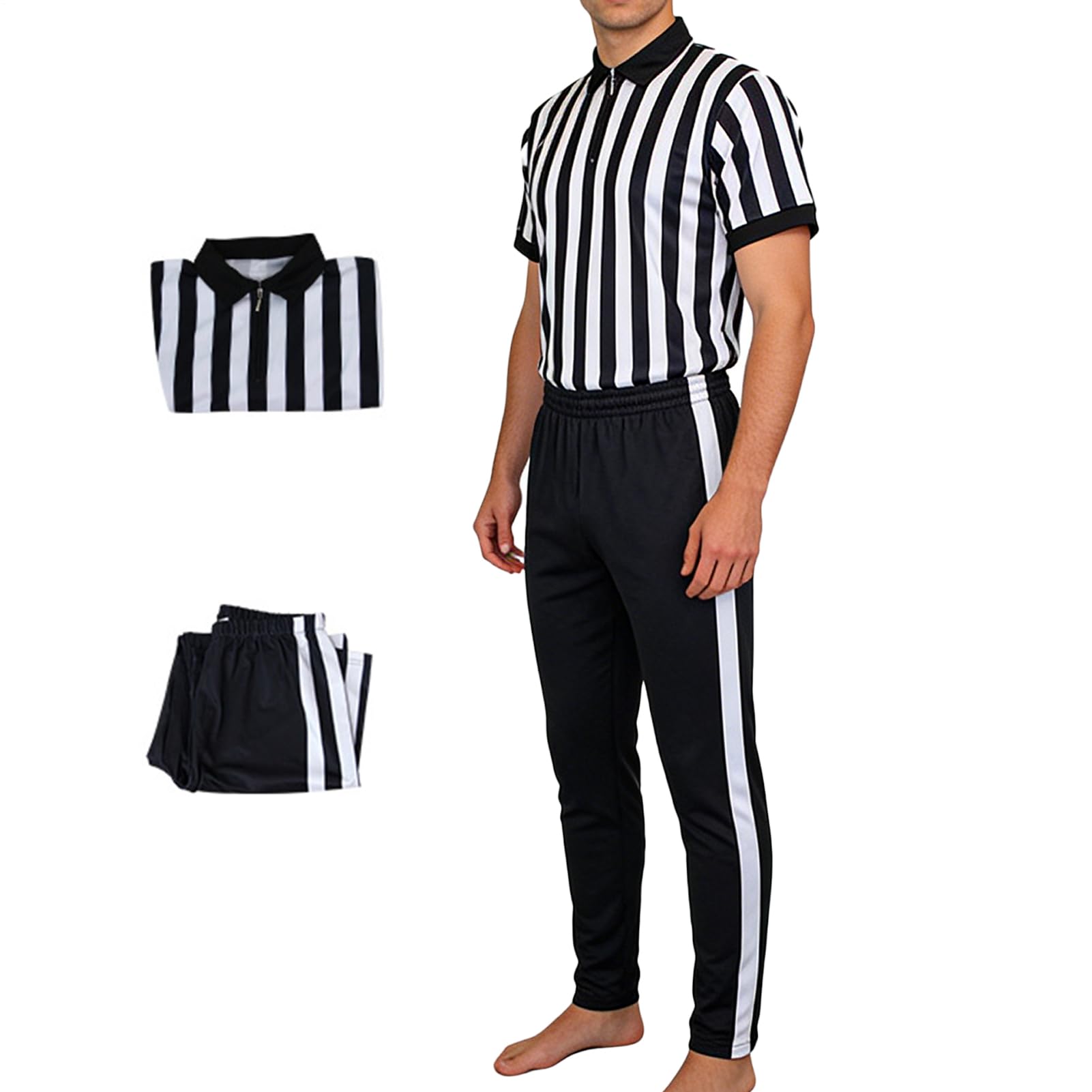 Maillot d'Arbitre de Hockey - Tenue De Football À Rayures Noires Et Blanches | Uniforme d'Arbitre à Manches Courtes et Col en V avec Pantalon | Pour Football Basket Hockey Volleyball Baseball Softball