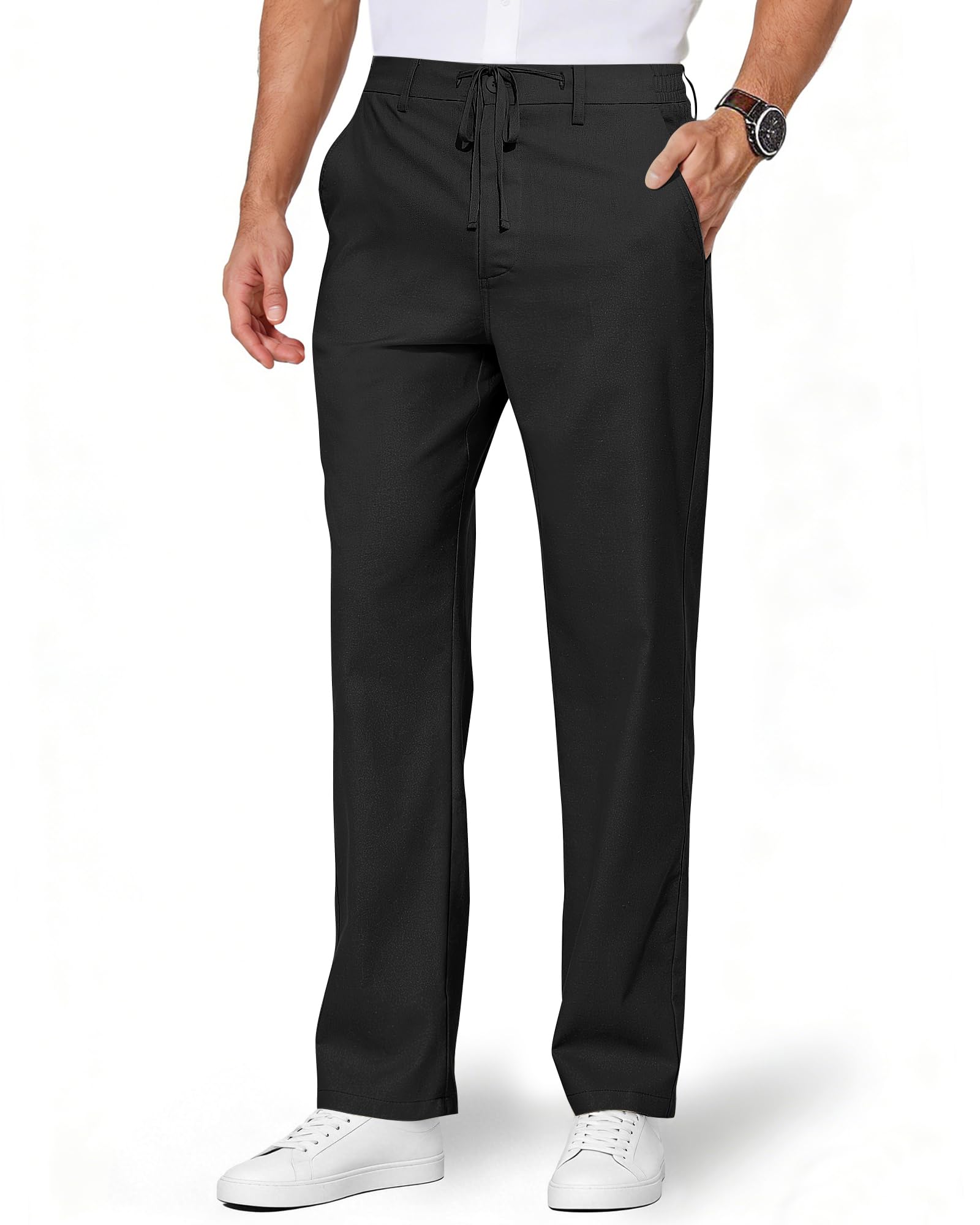 Mens Linen Pants Casual Linen Dress Pants Drawstring Summer Beach Lightweight Trousers with 4 Pockets
