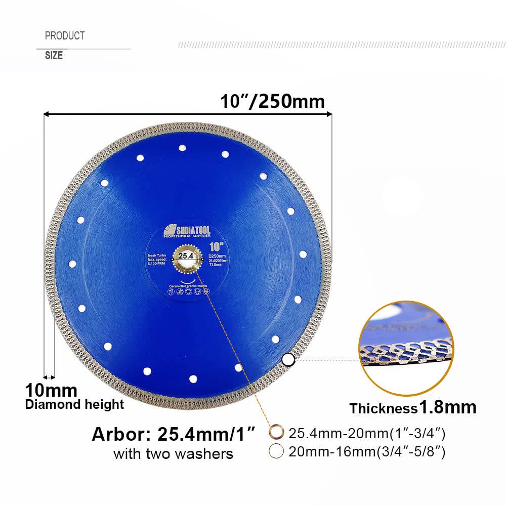 SHDIATOOL Disco de corte de diamante, 2 unidades, 250 mm, hoja de sierra turbo de malla para azulejos, mármol, cerámica, porcelana