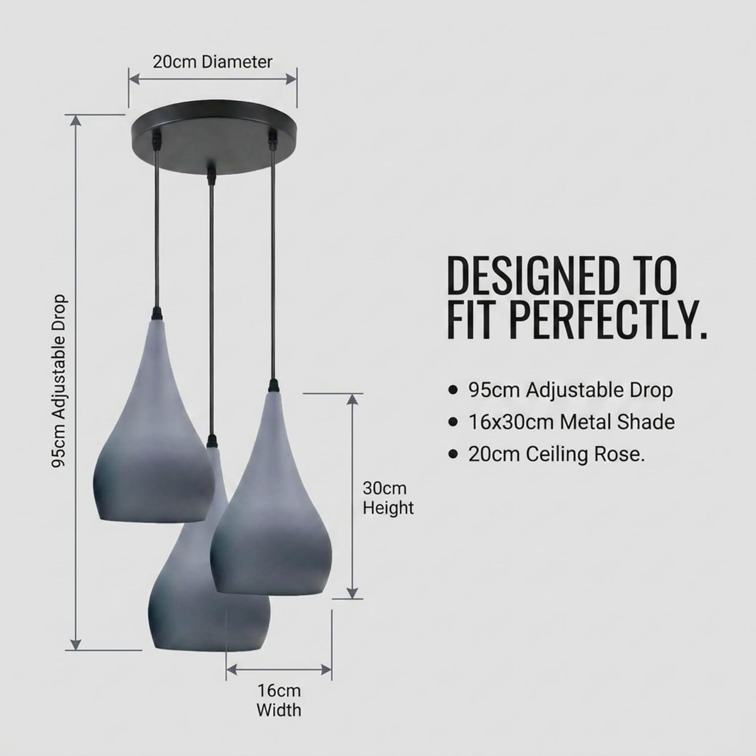 LEDSone 3-drożna lampa sufitowa w kształcie łezki, wisząca, szare klosze, nowoczesna oprawka ES E27, kolor szary [klasa energetyczna A]