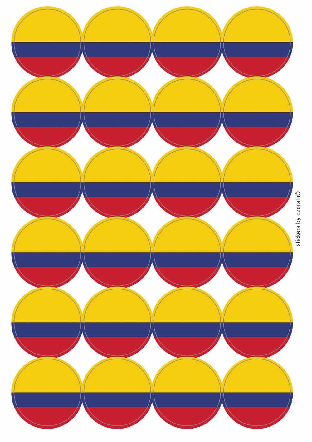 Colombia National Flag Circular Matt Paper Stickers A4 Sheet of 24 (Each Sticker is 45mm Diameter)