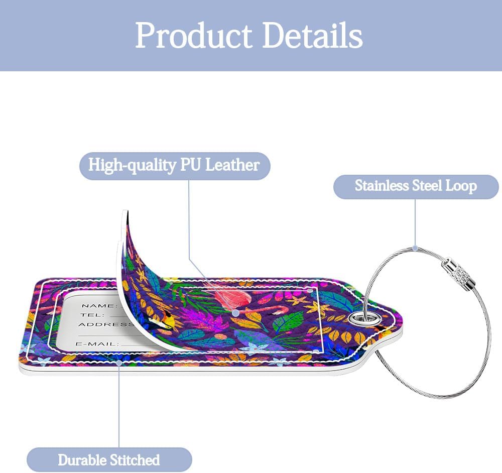 2 Pcs Luggage Tag for Suitcase, Colorful Flamingo Leaves Unique Leather Suitcase Tags with Full Privacy Cover Stainless Steel Loop for Women Men Travel Baggage Bag Backpack image 4