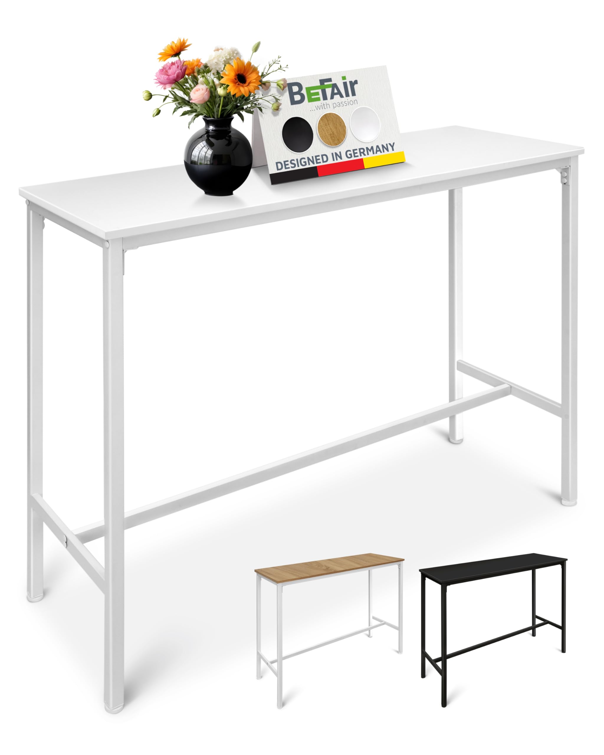 BeFair Bartisch Sven – Moderner Hochtisch 120x40x100 cm, Stehtisch mit Metallgestell für Küche, Hausbar, Partykeller & Gastronomie, Industrial Design, Weiß