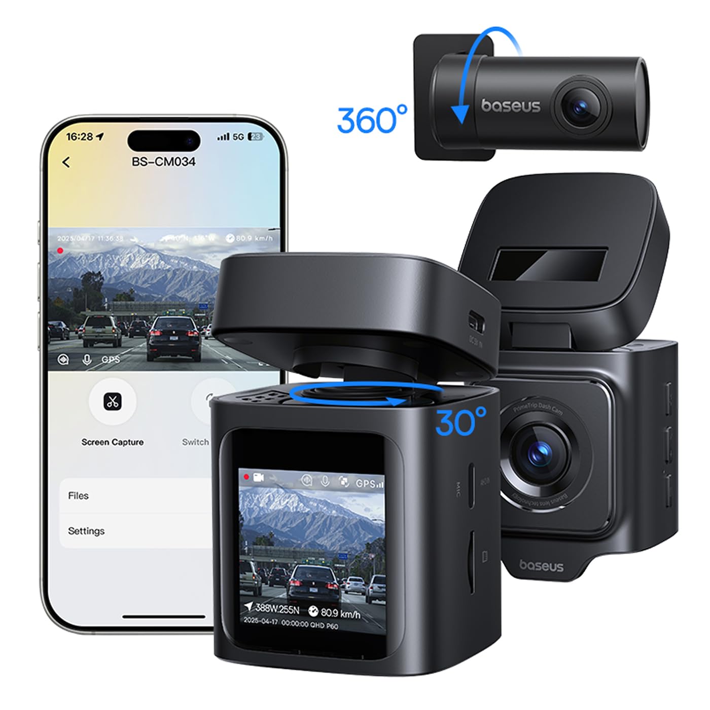 Baseus PrimeTrip kamera samochodowa VD1 3K + 1080p HD przednia i tylna kamera GPS, Cosmic Black