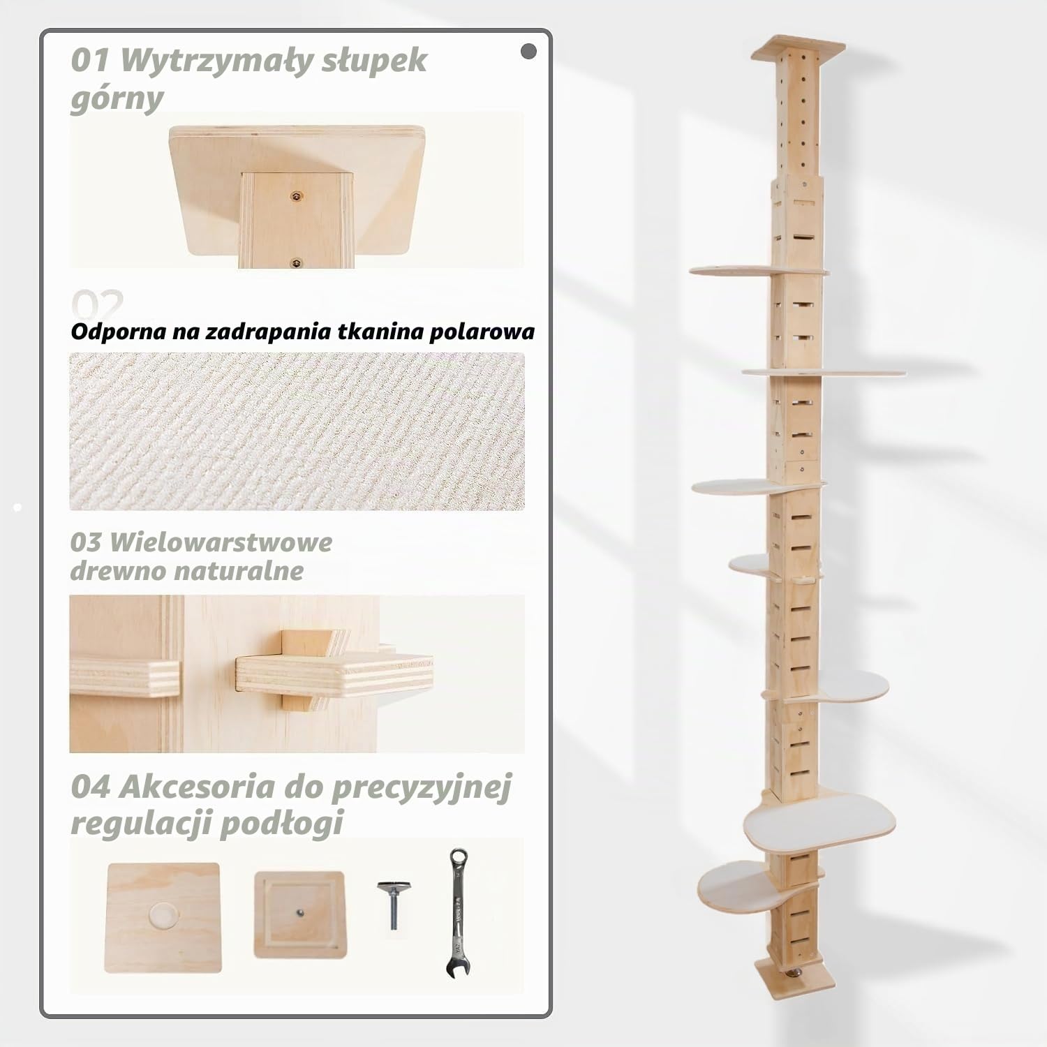 Drapak drogowy, drabinka dla kota do sufitu, z regulacją wysokości (250-291 cm), bardzo wysoka, 7-poziomowa, idealna aranżacja salonu i sypialni