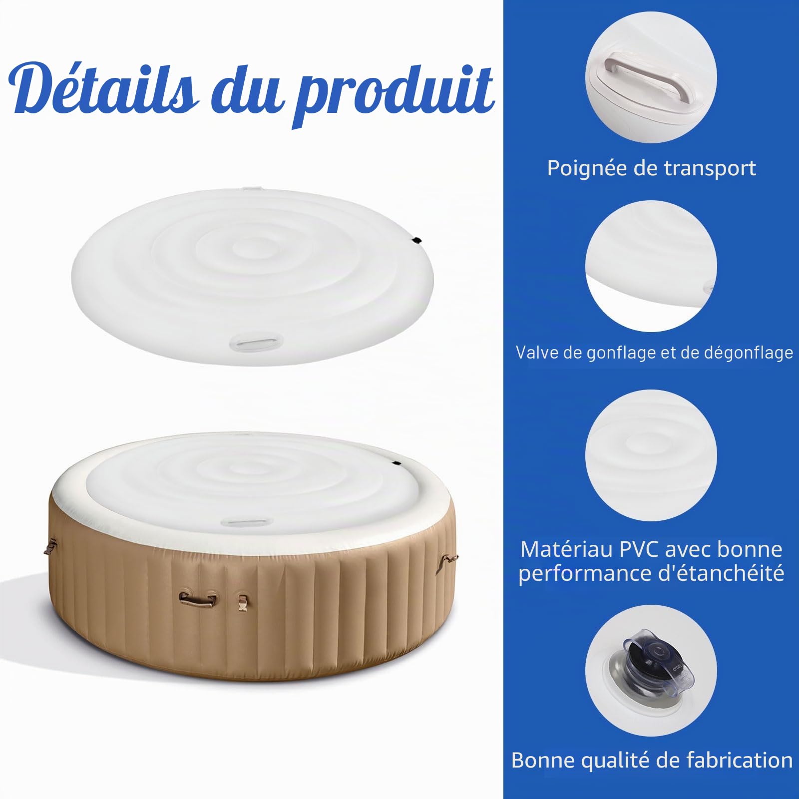 Couverture de Spa Gonflable Rond, Housse de Protection pour Gonflable, Couverture de Spa à Économie d'Énergie avec Poignées, Convient pour Bain à Remous, Thermiquement Isolée