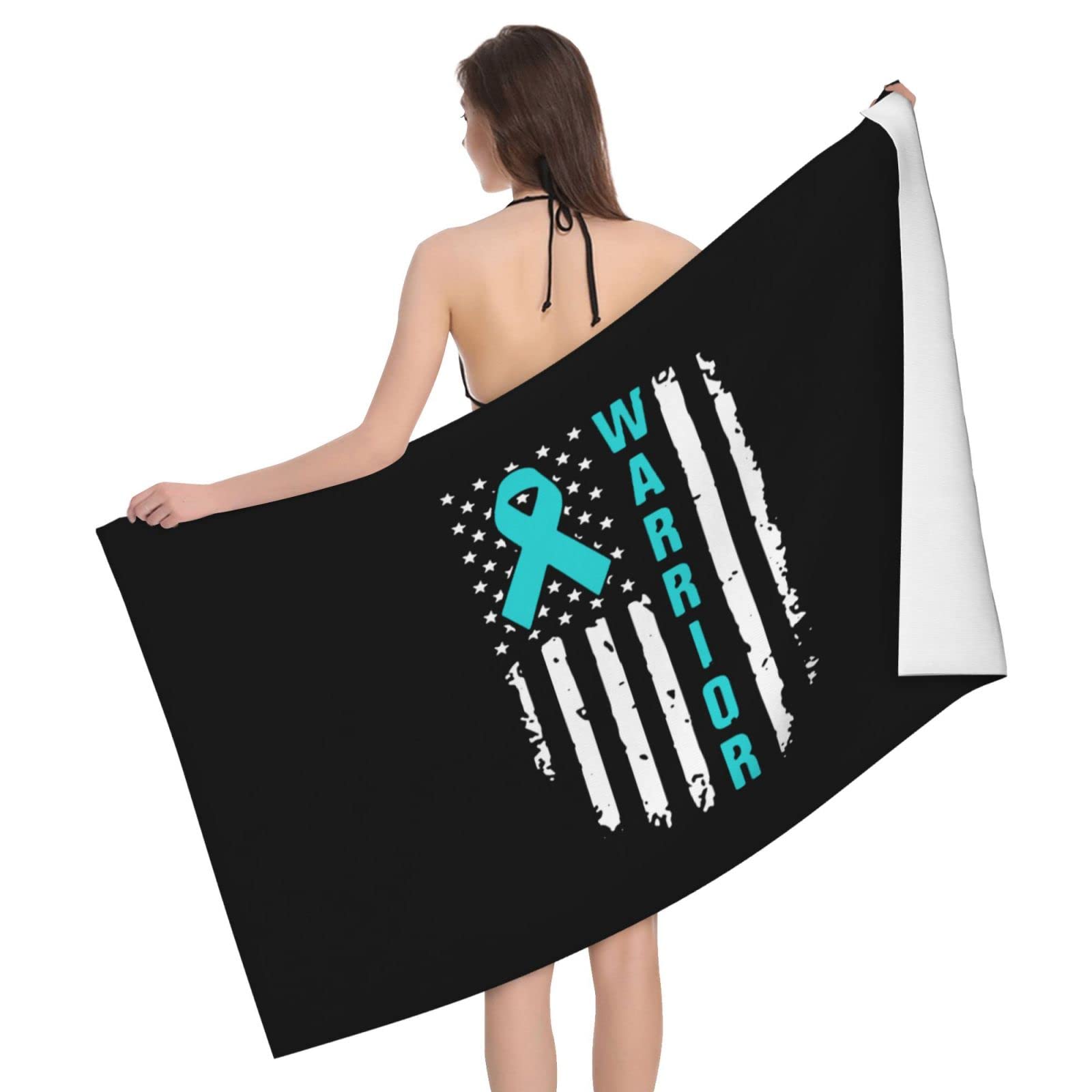 Lsjuee Ovarian Cancer Awareness American Flag Bath Towel Absorb Water Quick Dry Bath Towel, for Beach, Swimming Pool, Camping