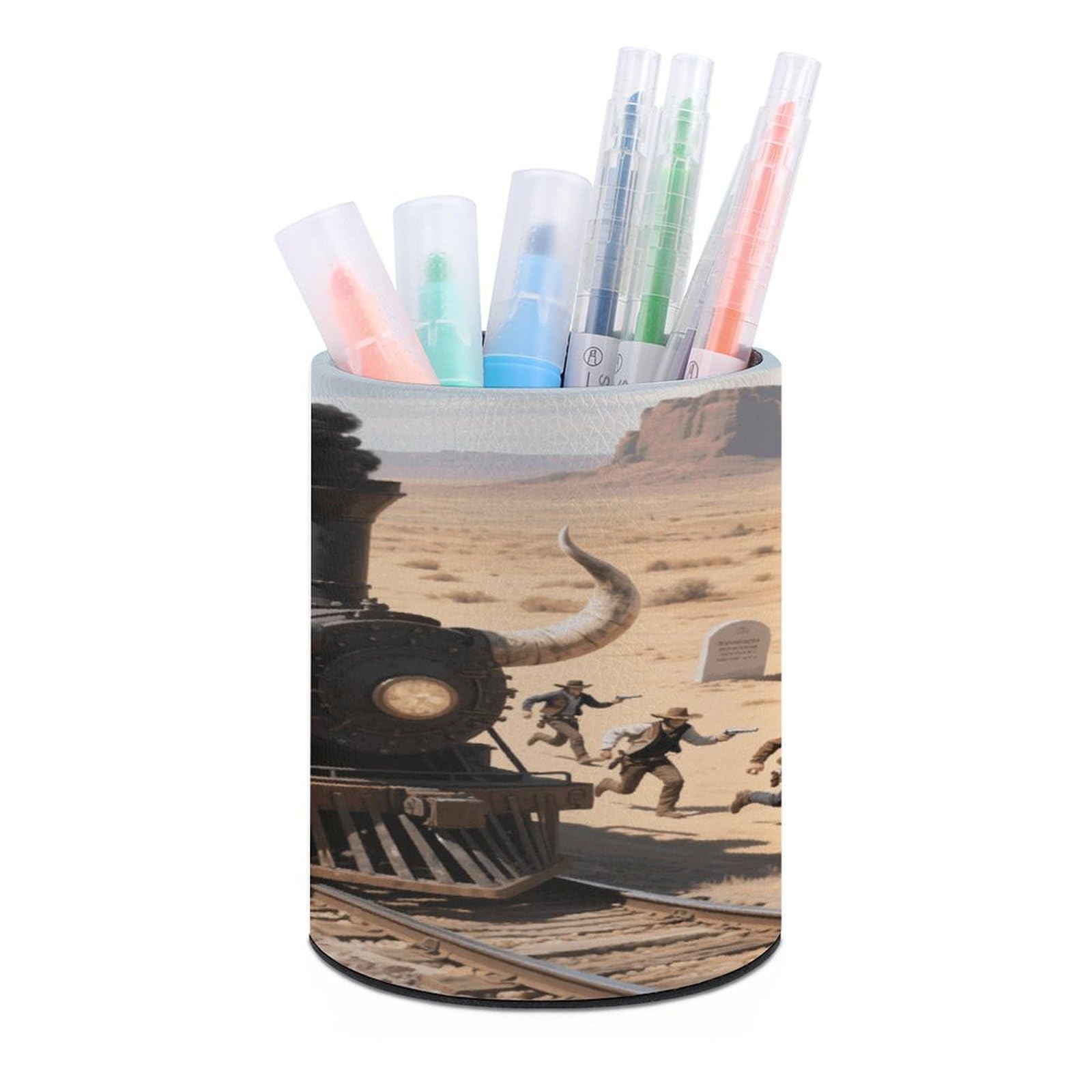 VstaDank Steam Train in The Desert Pen Holder for Desk Makeup Brush Holders Stylish Pen Cup Cute Pencil Cup Round Pencil Holder Decor Brush Scissor Holders for Multifunctional Office Supplies