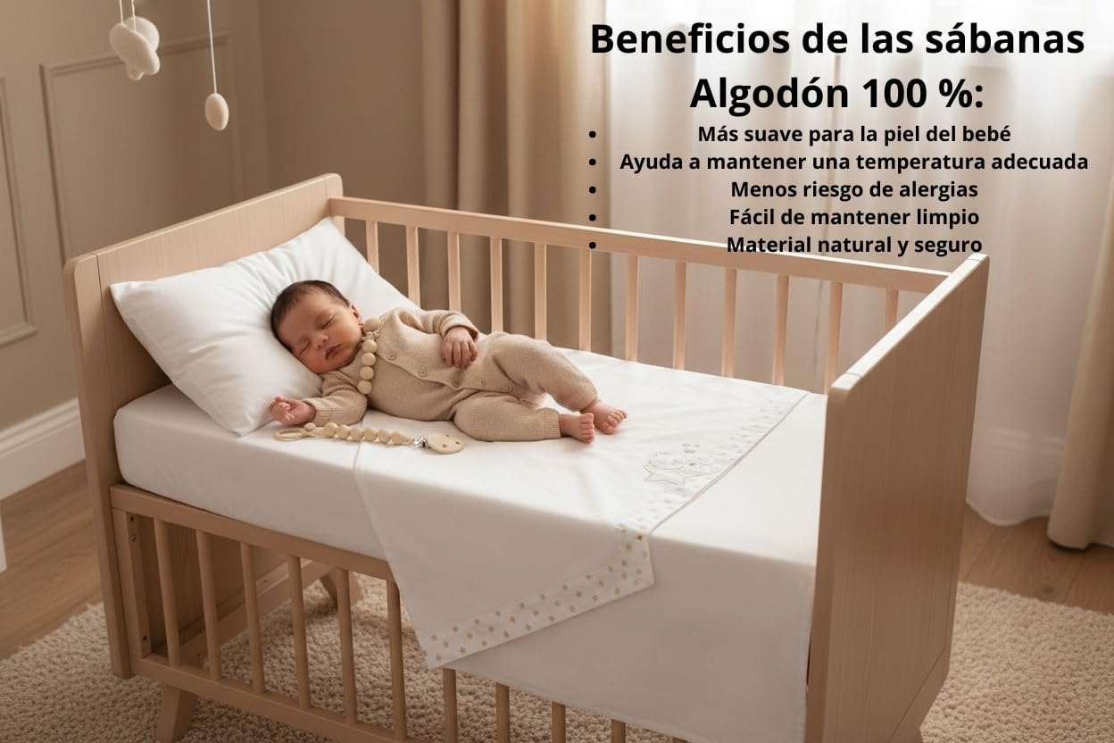 Danielstore Sábanas Cuna 60x120 Bebé – Juego Completo 3 Piezas 100% Algodón Transpirable – Bajera Ajustable + Encimera + Funda Almohada – Ropa de Cama Suave – Incluye Chupetero