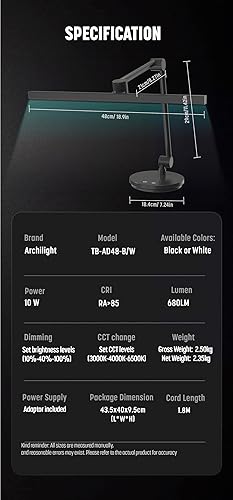 Miniatura 9 de ArchDesk - Lámpara de escritorio de 18.9 pies luz blanca cálida y fría, ajustable, antirreflejo, sensor de 10 W, protección ocular, plegable,