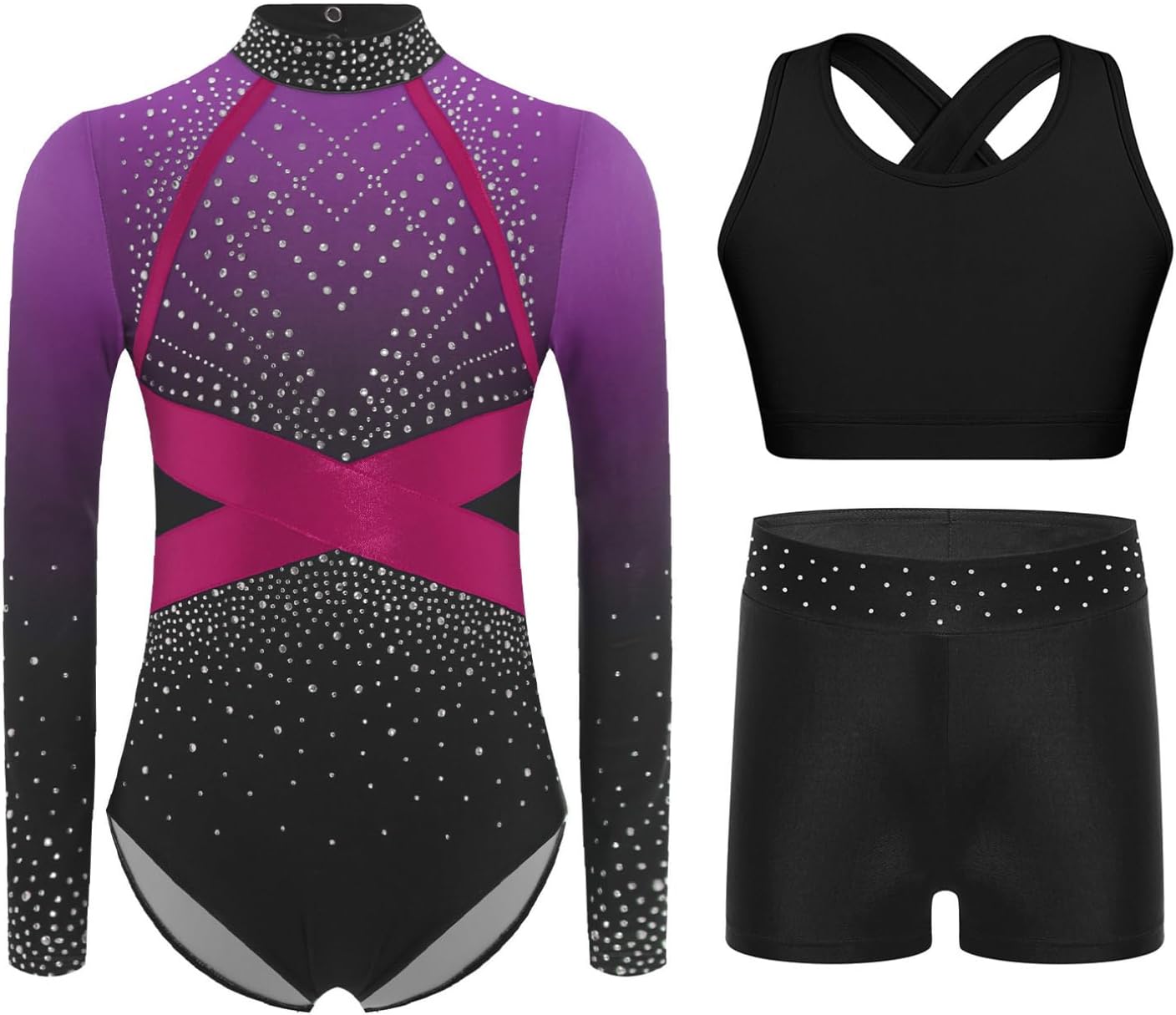 easyforever Girls Three-Piece Gymnastics Leotard Set Sparkly Long Sleeve Ballet Dance Unitard Vest with Shorts for Kids