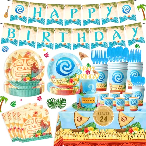 170PCS Tropical Birthday Party Supplies – Hawaiian Luau Tableware Set with Plates, Cups, Napkins, Cutlery, Tablecloth & Banner for Island Theme Party, Serves 24 Guests