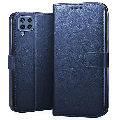 CEDO Flip Cover for Samsung Galaxy M32 (4G) / F22 (4G) | Leather Finish | Inside Pockets & Inbuilt Stand | Shockproof Wallet Style Magnetic Closure Back Case Flipcover (Blue)