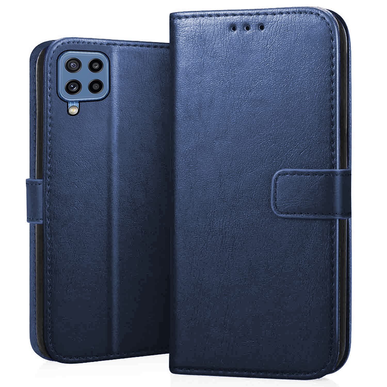 CEDO Flip Cover for Samsung Galaxy M32 (4G) / F22 (4G) | Leather Finish | Inside Pockets & Inbuilt Stand | Shockproof Wallet Style Magnetic Closure Back Case Flipcover (Blue)