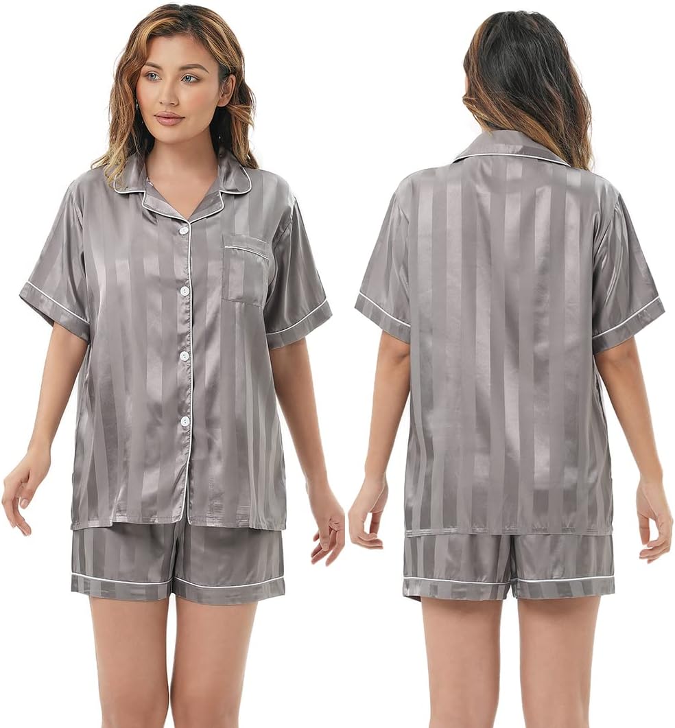 AiSomnus Women's Silk Striped Pajamas Set Short Sleeve Top and Shorts 2-Piece Silky Nightwear Button-Down Pj Sets Sleepwear