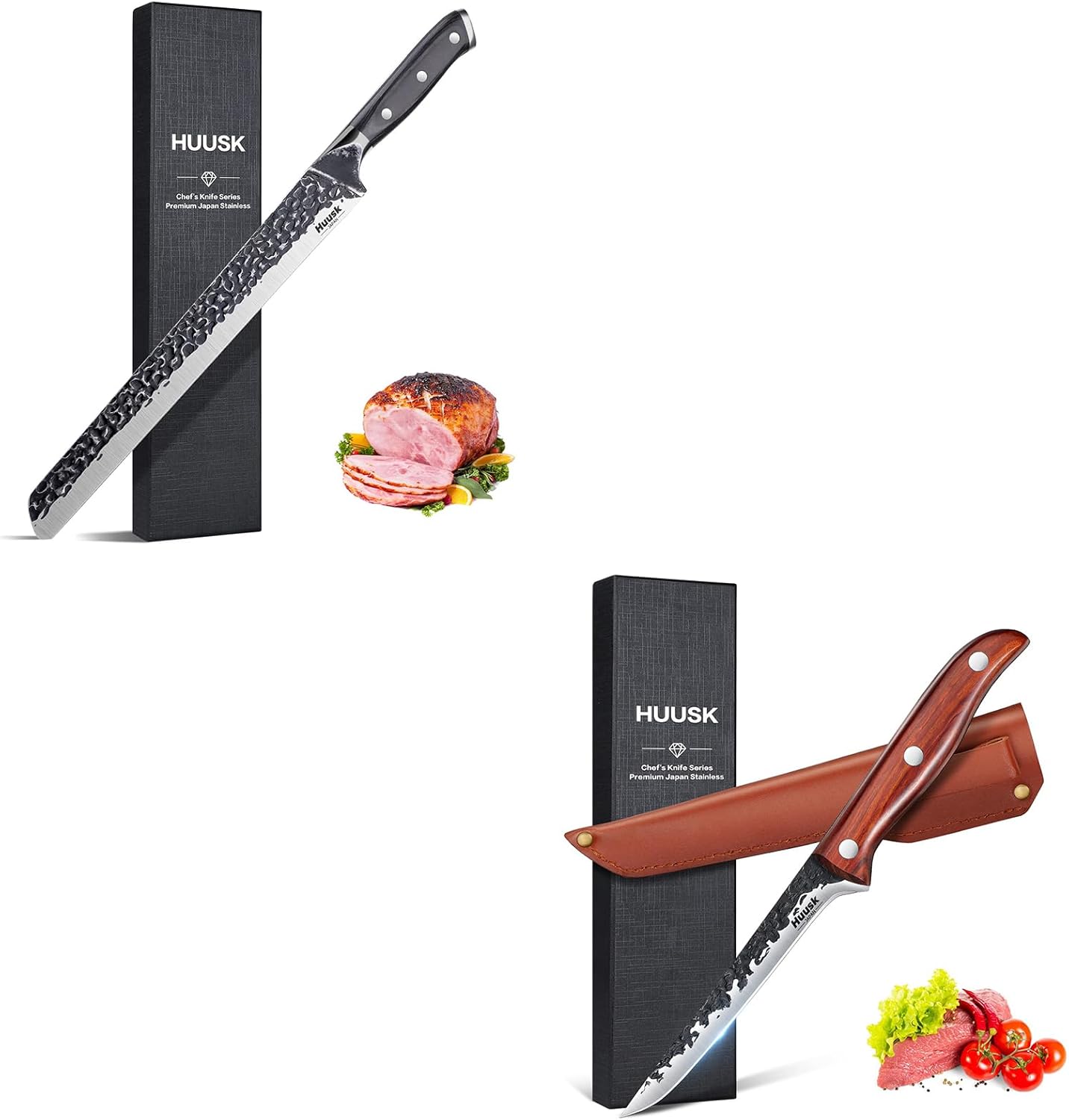 Huusk Japanese Knife Set, Meat Cutting and Boning Knife, Boning and Butchering Knife, Japanese Fish Fillet Knife with Sheath, Brisket Trimming Knife, Camping and Barbecuing Full-Cut Hand-Forged Knife
