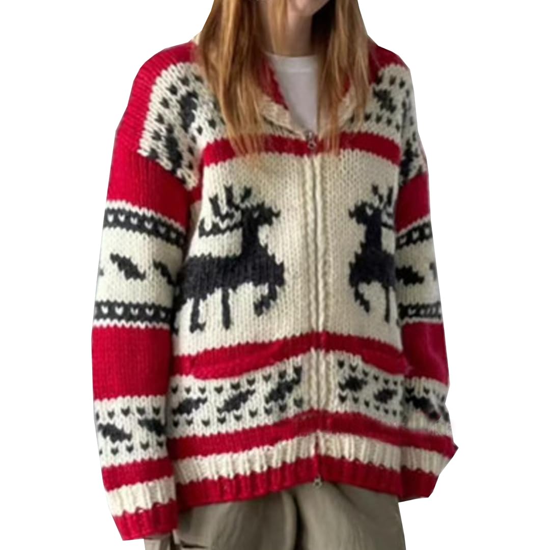 Fair Isle Cardigan Women Vintage Lapel Collar Cable Knit Zip Up Sweaters Christmas Elk Print Knit Cardigan Fall