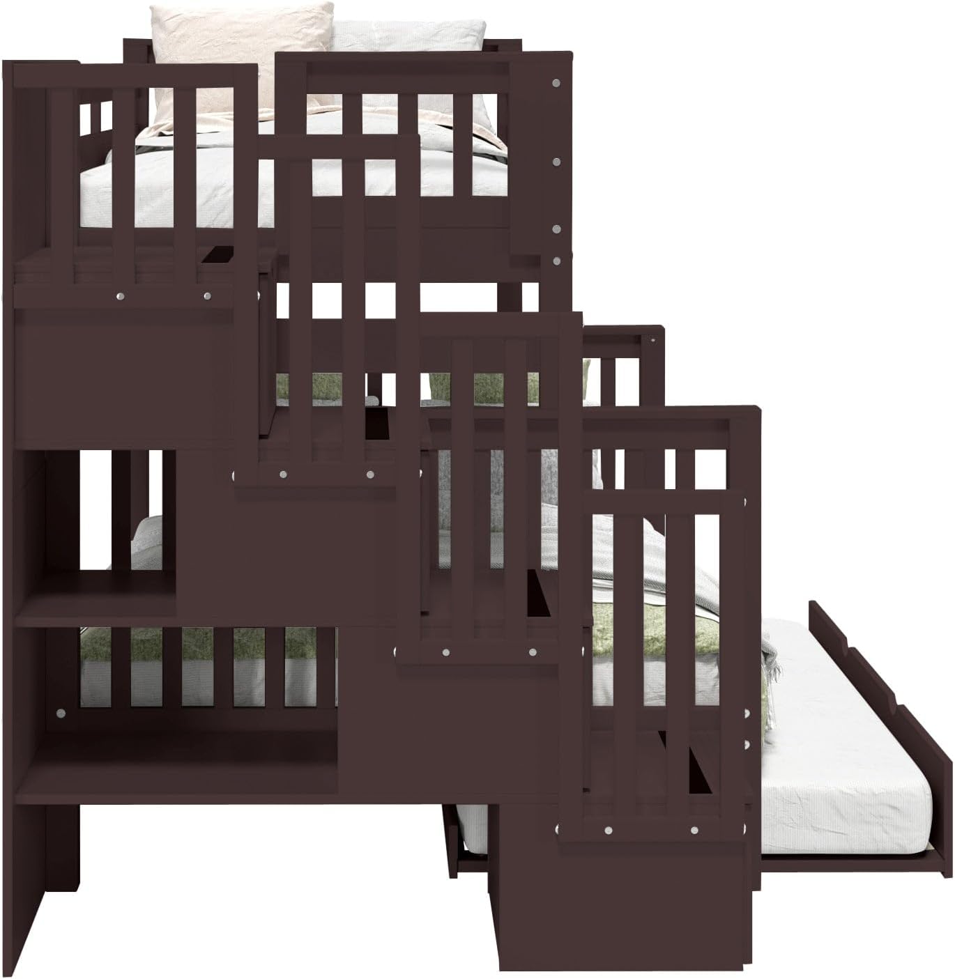 Bedz King Stairway Bunk Beds Twin Over Full, 4 Step Drawers, Twin Trundle, Dark Cherry