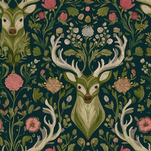 Cotevdkot Peel and Stick Wallpaper - Folk Art Deer & Floral Forest, Removable Rustic Whimsical Mural for Bedroom & Living Room, 17.7x118 Inch