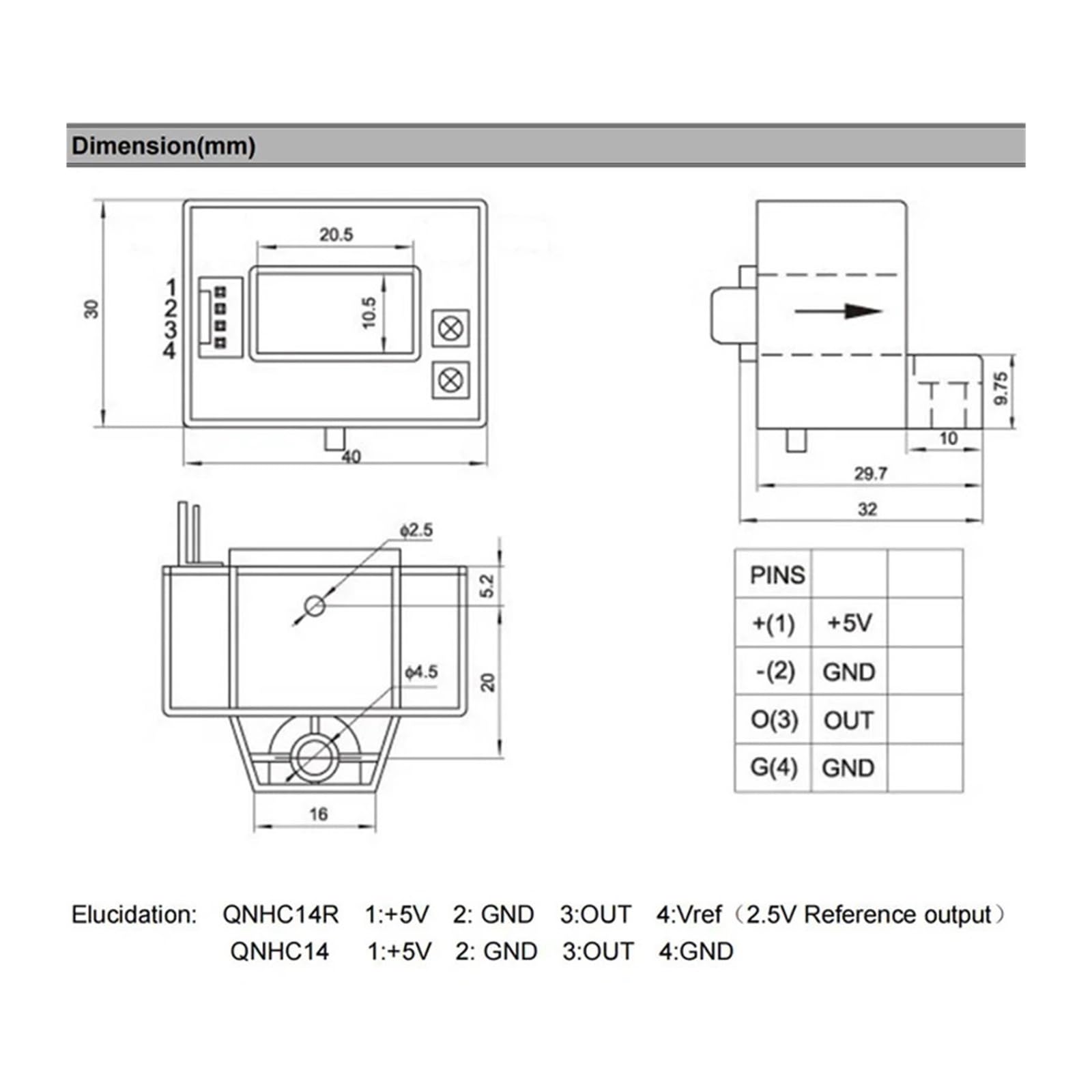 trasduttore di Hall Sensore di Corrente Hall QNHC14 Ingresso ±50A ±100A ±200A ±300A ±400A ±500A Uscita 2,5V±2V 2,5V±0,625V trasduttore di Corrente Hall(300A 2.5V 0.625V)