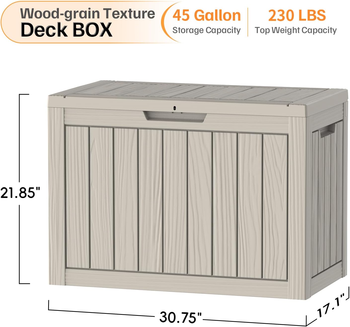45 Gallon Deck Box, Small Outdoor Storage Box Waterproof, UV-Resistant and Weatherproof Outside Resin Storage Bin for Outdoor Patio Furniture Pillows, Pool Supplies, Garden Tools, Greige