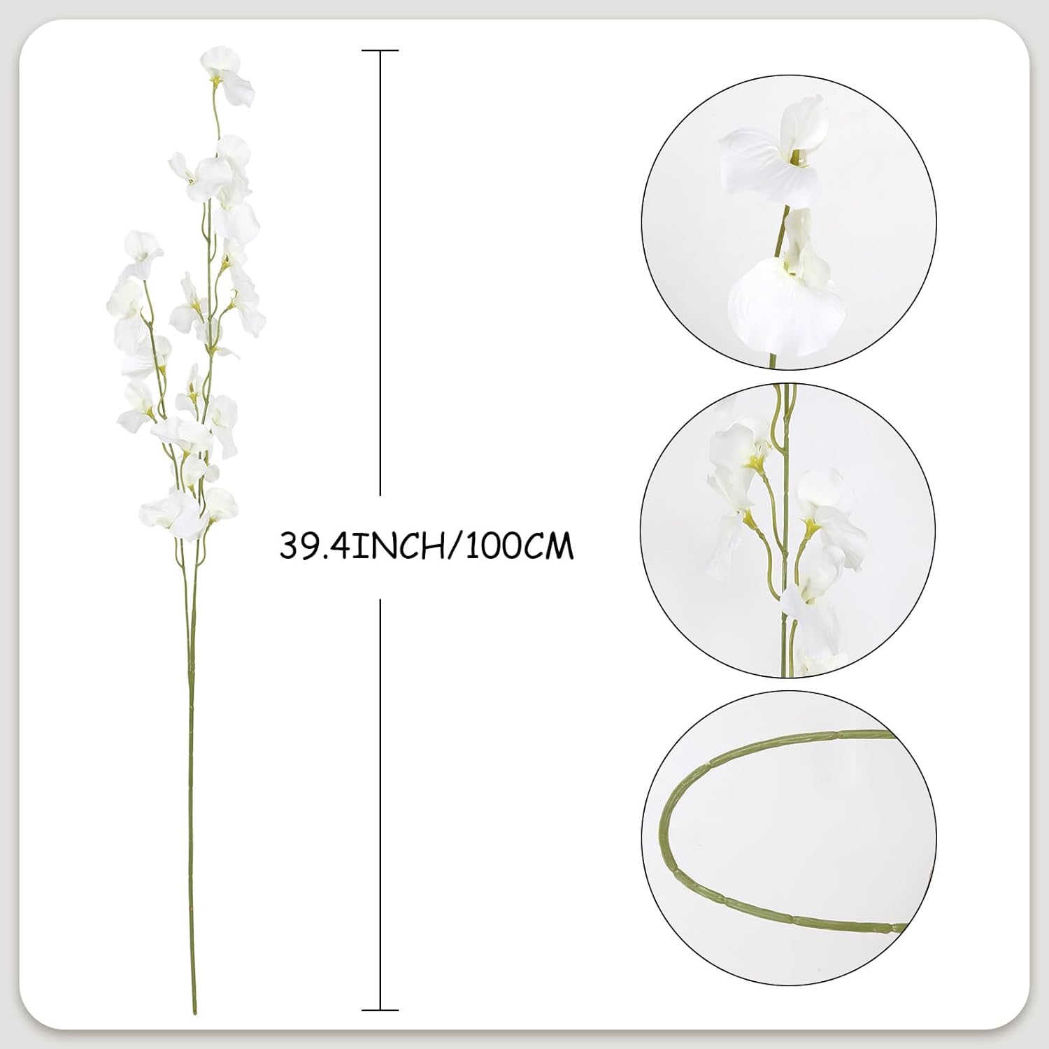 IPOPU 8PCS White Sweet Pea Flowers Artificial 39" Tall Fake Flowers Faux Silk Flowers Long Stem Artificial Flowers for Tall Vase Wedding Party Home Decoration(White)