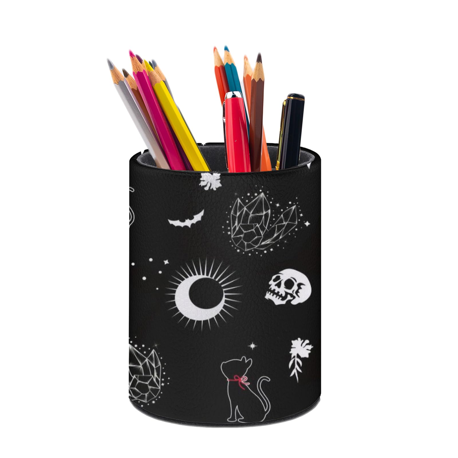 XUWU Gothic Skull Cat Moon Pen Holder Pencil Organizer Cute Pencil Cup Desk Decor Makeup Brush Holder PU Multifunctional Office Suppliesfor Home
