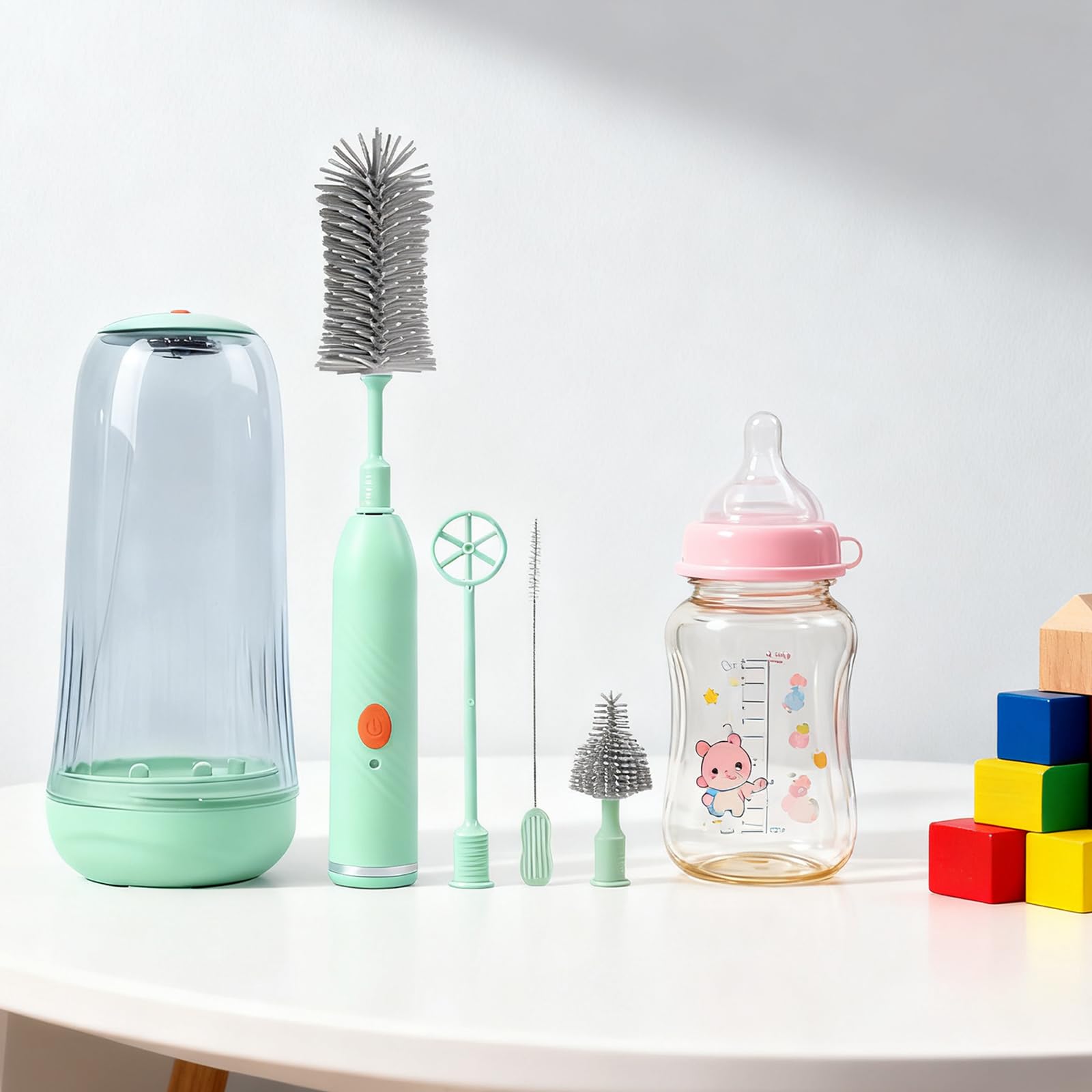 Lot de brosses à biberons de voyage pour bébé, brosse électrique, 2 modes, rechargeable, portable, avec stérilisateur UV pour biberons, tire-lait et tétine (vert)