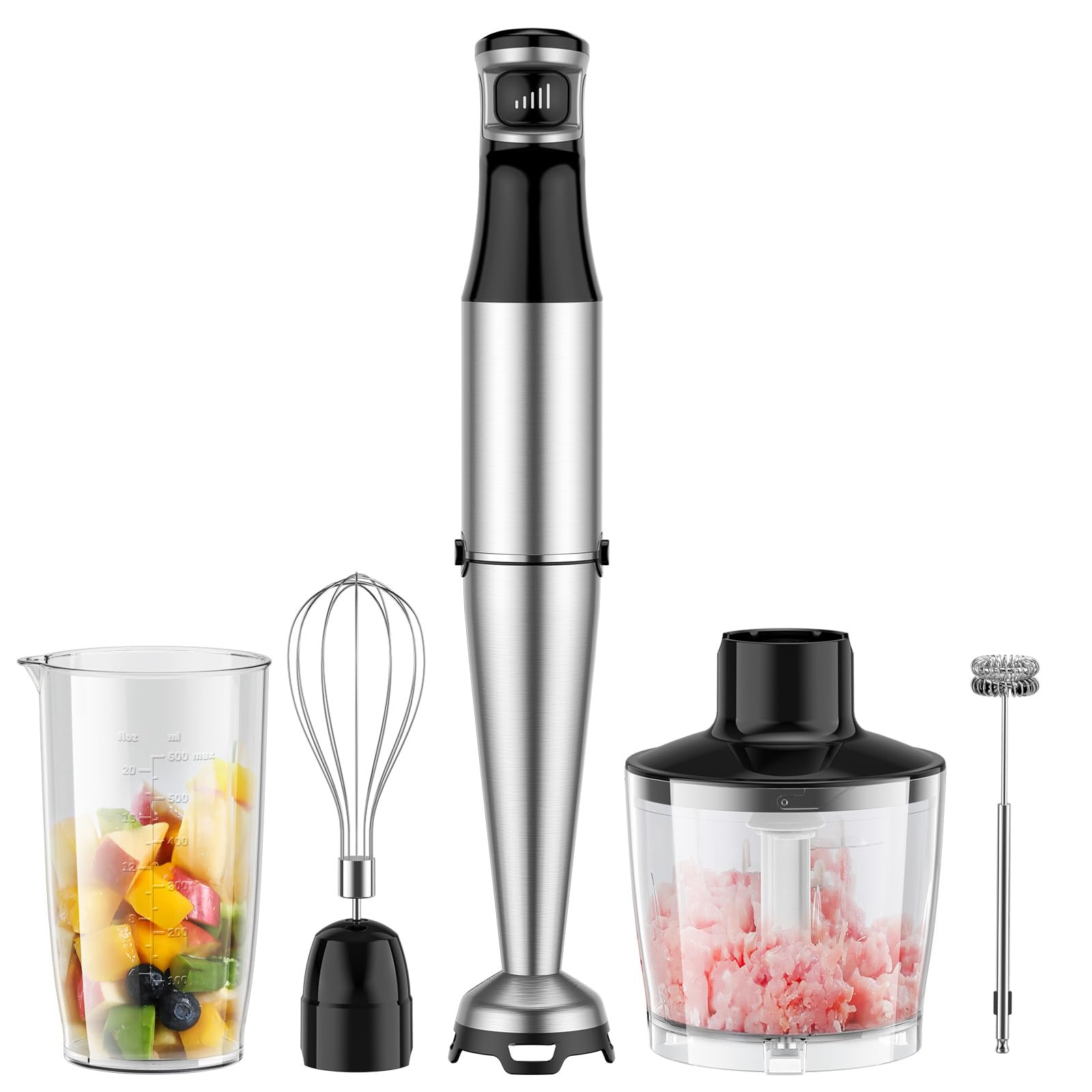 Batidora de inmersión de mano 5 en 1 juego de 1100 W, batidora de mano con batidor, picadora, vaso de precipitados, batidores de h