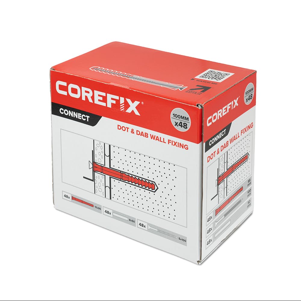 Corefix 100mm Heavy Duty Dot & Dab Wall Fixings - Plasterboard Over Blockwork Wall Plugs & Screws - For TVs, Radiators, Shelving & more - Holds 55kg per fixing - Reinforced Steel Core – Box of 48