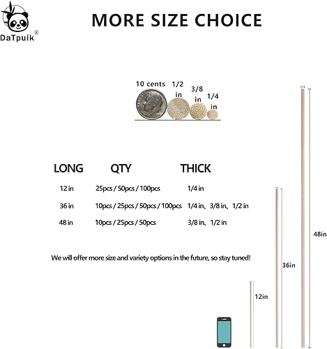 Miniatura 4 de DaTpuik Varillas de Espiga de 14 x 36 Pulgadas 25PCS Palos de Madera Varillas de Espiga de Madera - Palos de Bambú Sin Terminar - para Manualidades