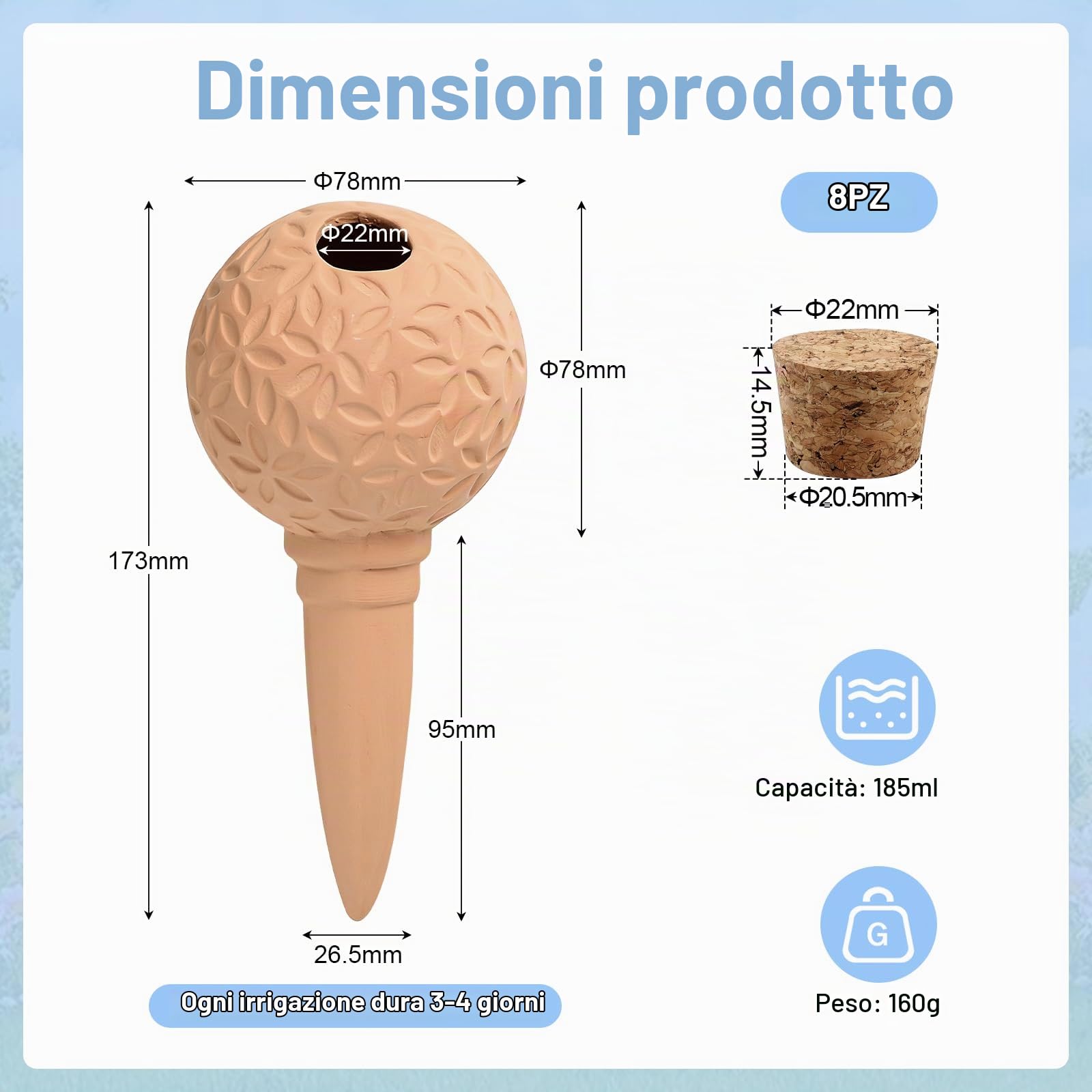 EXLECO 8pcs Coni in Argilla 185ml Testina di Irrigazione Goccia in Argilla Sfere di Irrigazione in Terracotta Sistema Automatico di Innaffiatura Vacanze Coni per D'Irrigazione Piante Interni & Esterni