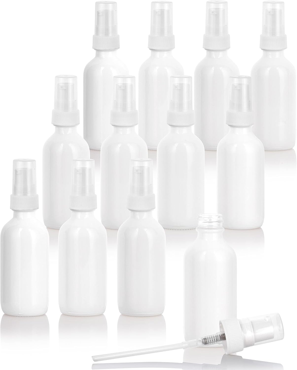 JUVITUS 2 oz High Shine Gloss White Glass Boston Round Bottle with White Treatment Pump (24 Pack)