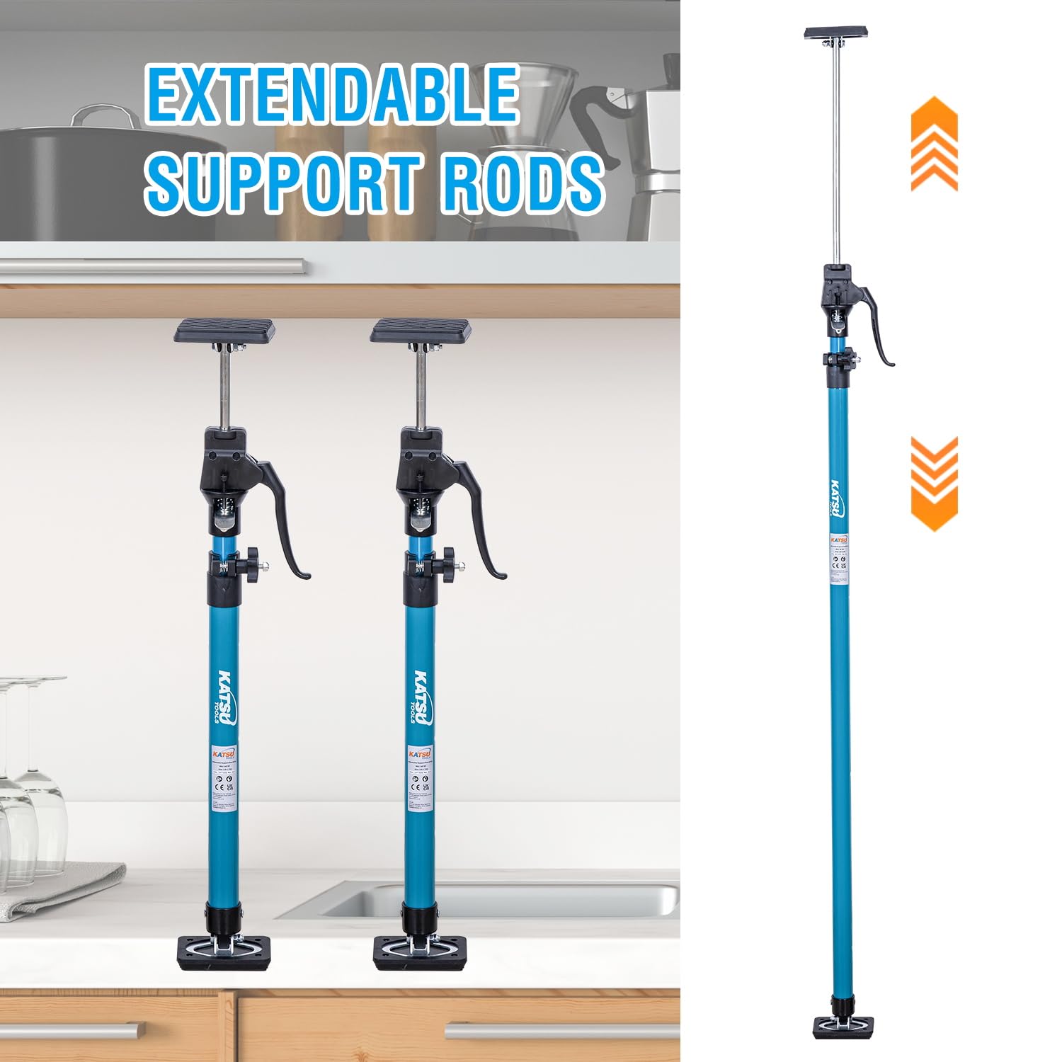 KATSU Tools - Soporte telescópico de techo (2 unidades, 125-290 cm, acero, ajuste rápido, capacidad de carga de 40 kg) para colocar, sujetar y fijar placas de yeso.