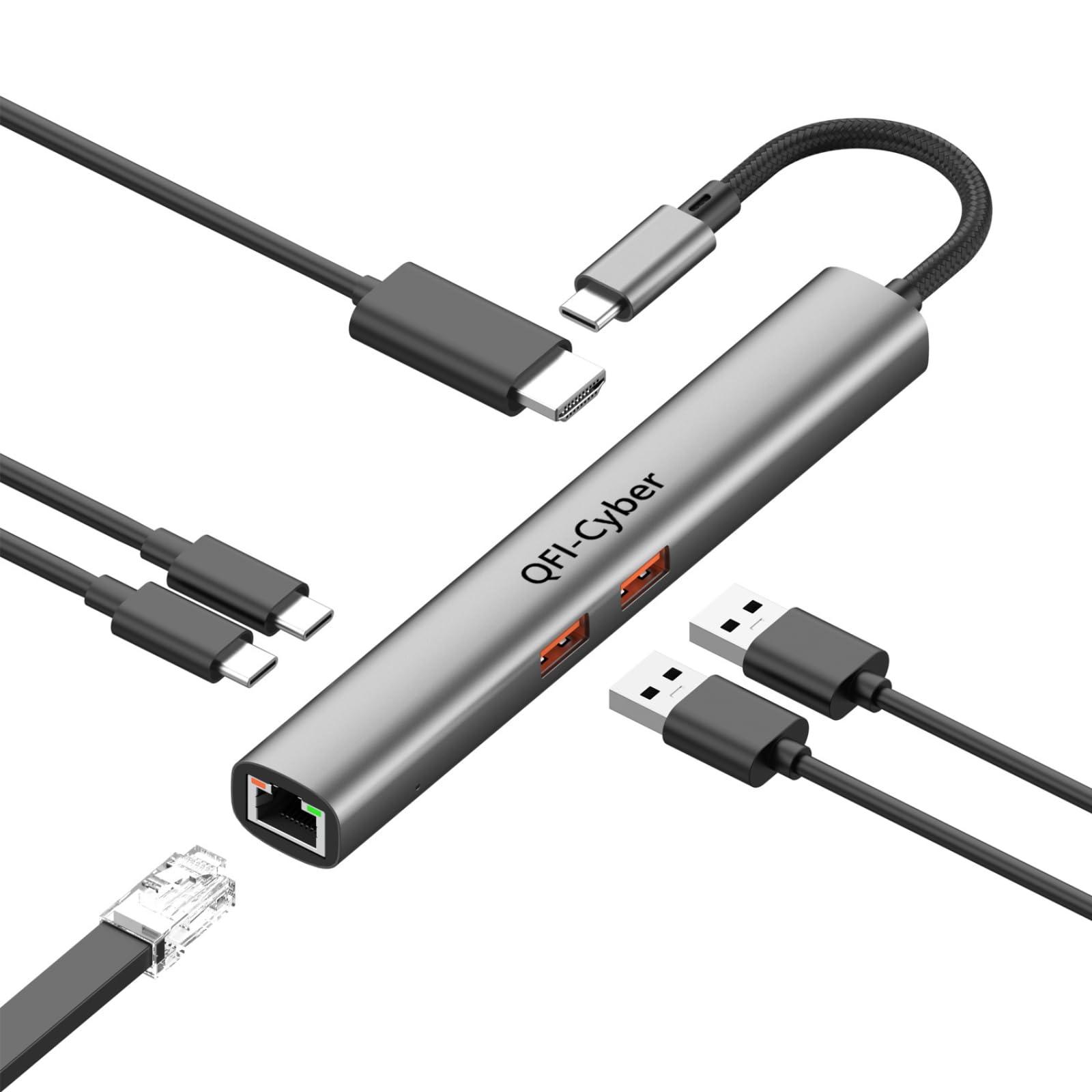 QFI-Cyber 6-in-1 USB C Hub, Ethernet Multiport Adapter, USB C to HDMI Dock with 4K@60HZ HDMI, 2*USB 3.1 Gen 2, 10Gbps Data, RJ45, 100W PD for MacBook Pro/Air, Chromebook, Dell XPS, HP and More