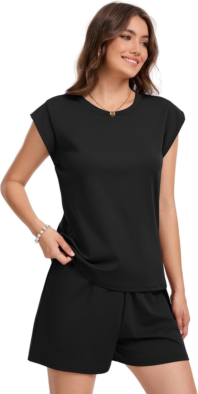 Two Piece for Women Summer Lounge Short Sets Crew Neck Adjustable Drawstring Waistband Sweatsuit with Pocket