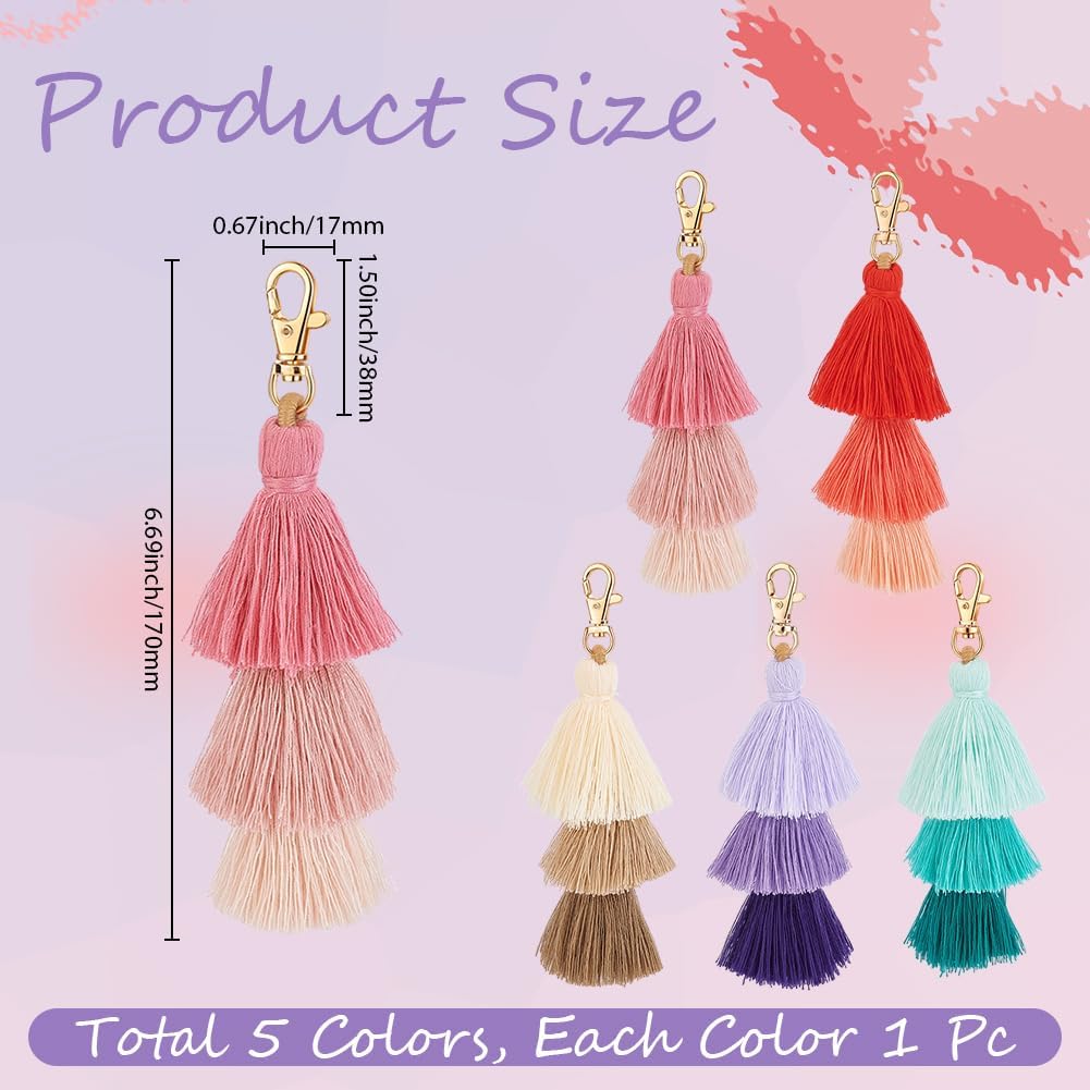 Beebeecraft 5 Colors Pom Pom Tassel Keychain Colorful Boho Pompom Backpack Keychains Polyester Bohemian Tassels Bag Charm Car Key Chain Key Ring Pendants for Women Purse Decorations Bag Accessories image 2