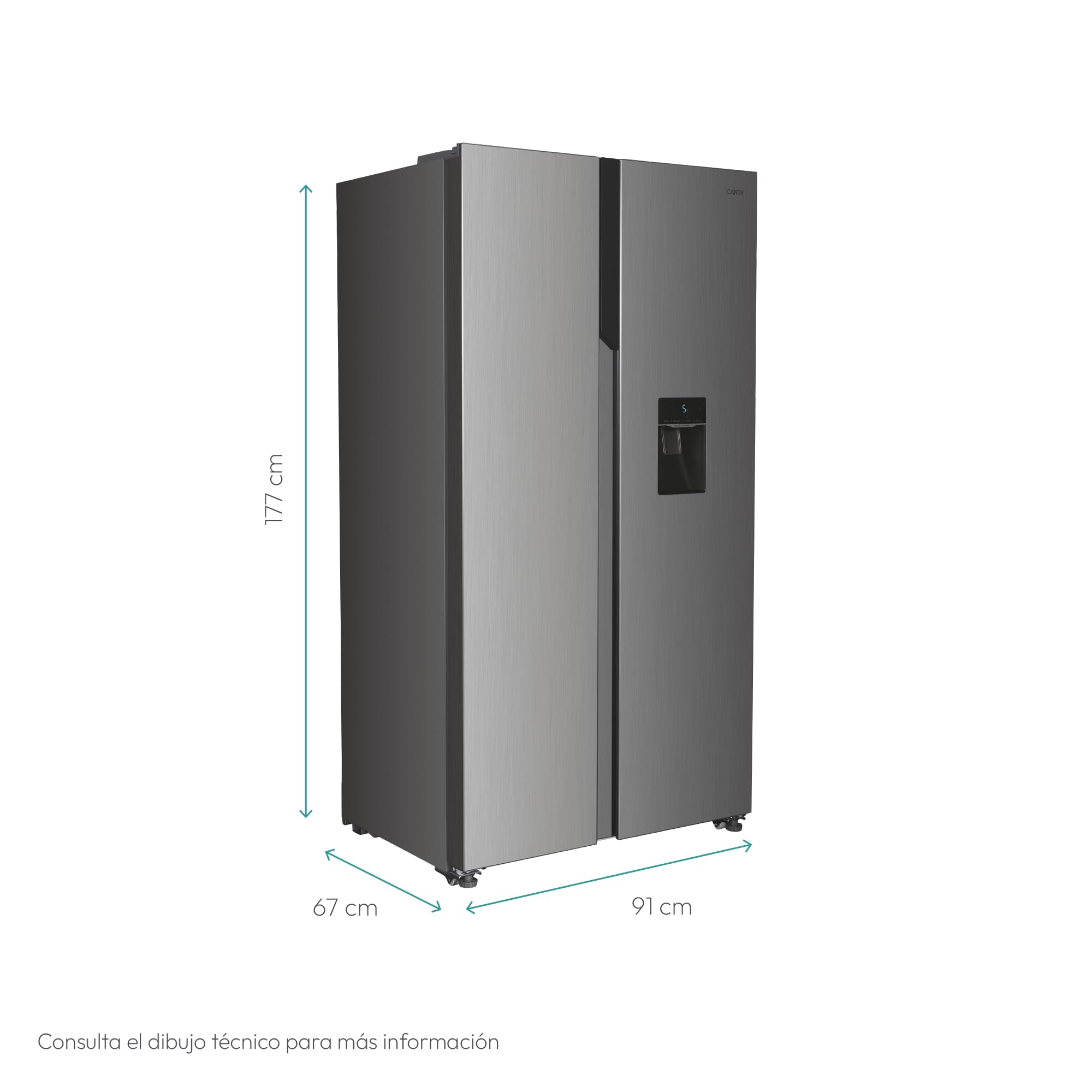 Candy CHSBSO-6174XWD, Frigorífico Side by Side, 90CM, 518L, Motor Inverter, Total No Frost, Dispensador de Agua, 2 Cajones Verduleros, Control Externo Digital, Iluminación LED, 42DB, Inox